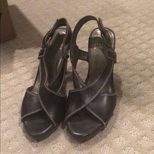 Brown leather crossover heels